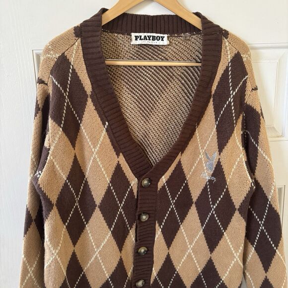 Playboy Pacsun Mens Argyle Knit Cardigan Sweater M Brown Retro Logo 90s Preppy - Picture 3 of 11